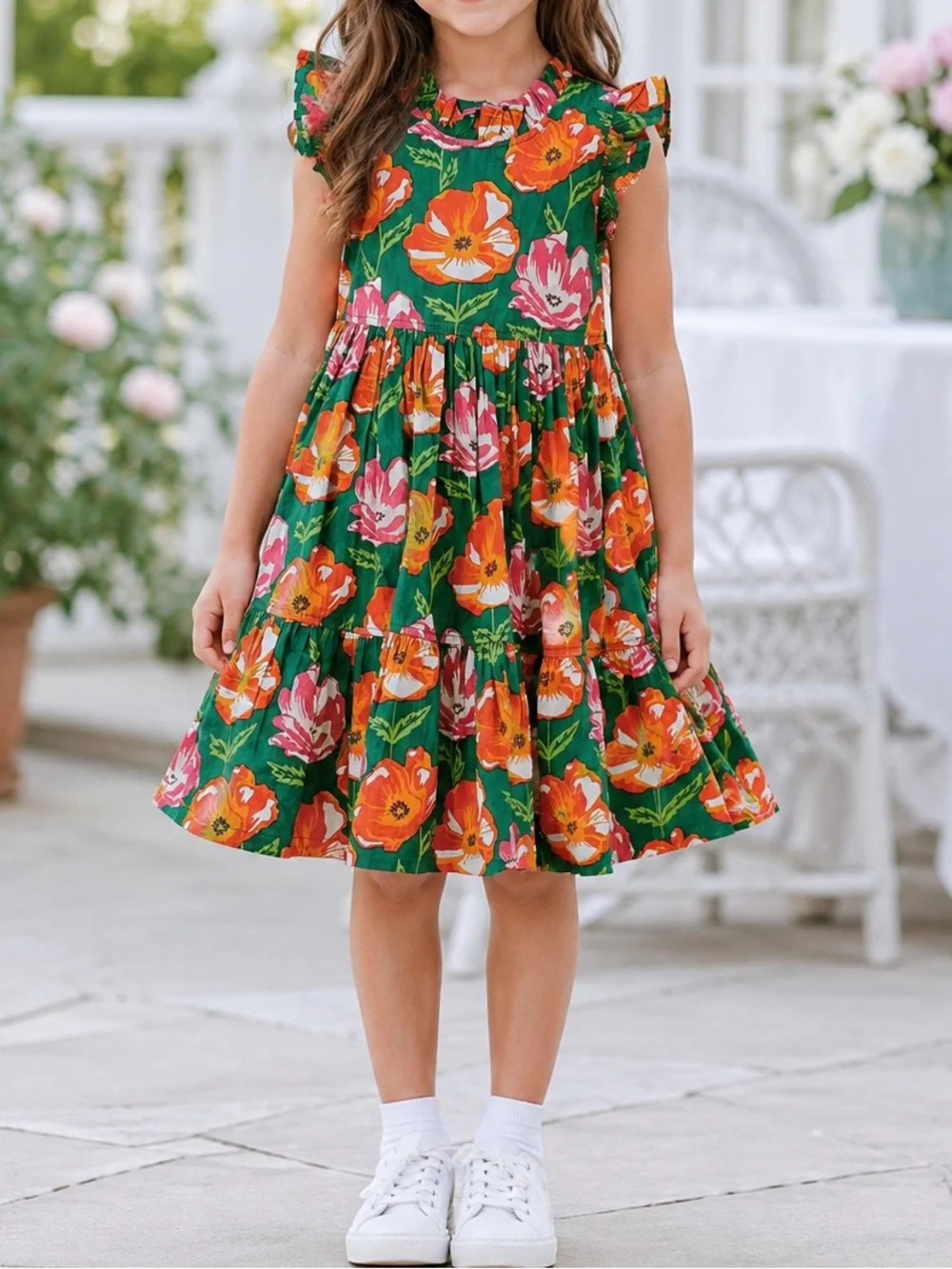 Pink Chicken Green Floral Tiered Jennifer Dress with Orange & Pink Blooms